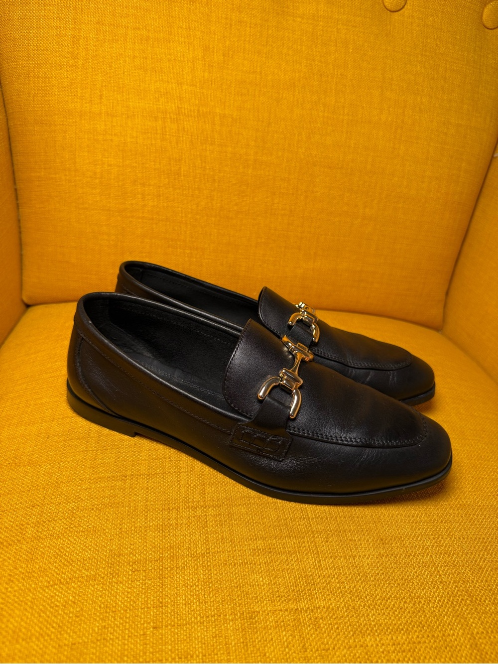 Zara Women’s Black Leather Loafers with Gold Horsebit Size 7
